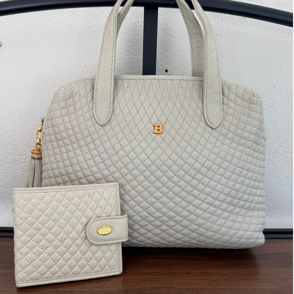 Bally Quilted Leather Satchel Handbag w/ Matching Wallet | Ivory/Cream - Picture 2 of 16